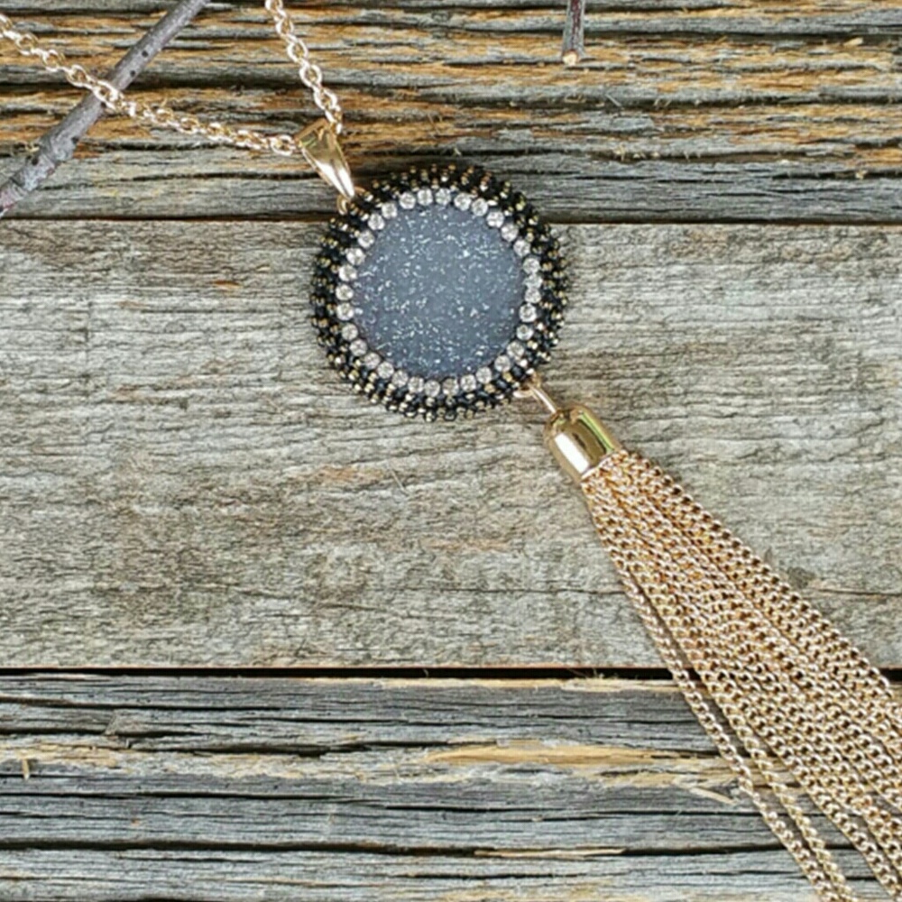 Gray Round Crystal Pave Tassel Necklace